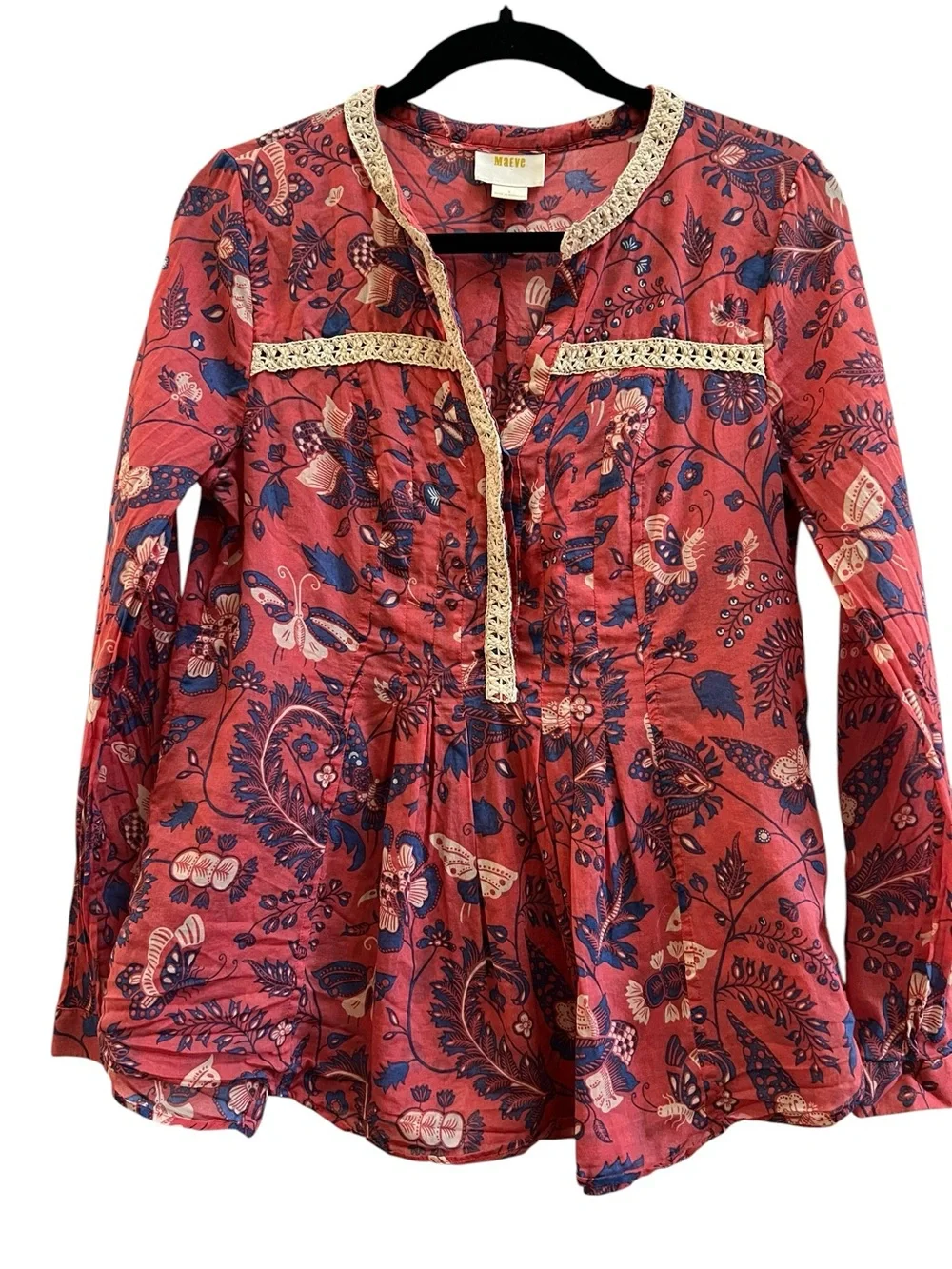 Anthro Maeve Abella Pintuck Floral Peasant Blouse Boho Top S Cottagecore - Picture 2 of 6